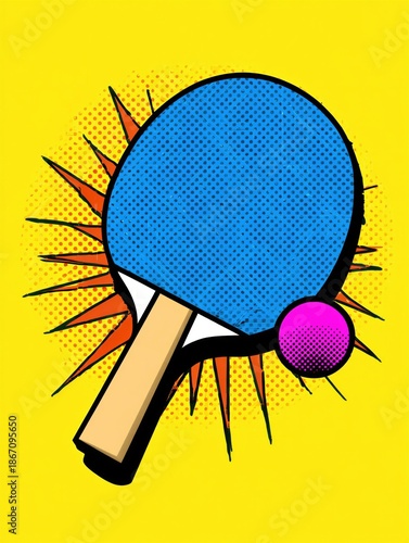 Digital illustration of a blue ping pong paddle and pink ball against a bright yellow background. Sports and recreation concept.