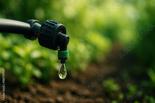 Drip irrigation water drop garden hose soil sustainable farming green technology irrigation system agriculture closeup eco friendly irrigation drip irrigation nozzle garden, water drop hanging