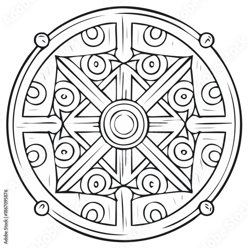 Dharmachakra Line Art Illustration, Buddhism Symbol, Wheel of Dharma