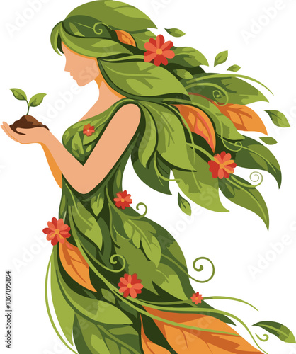 Woman made of leaves and flowers holding a plant, symbolizing nature, growth, and environmental care. A vibrant illustration depicting the nurturing essence of life and sustainability
