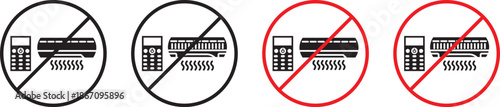 no Air conditioner icon. AC prohibition symbols. Cooling system forbidden graphic design. Forbidden Sign Air Conditioner ,black and red isolated silhouette. Forbidden air conditioner vector icon