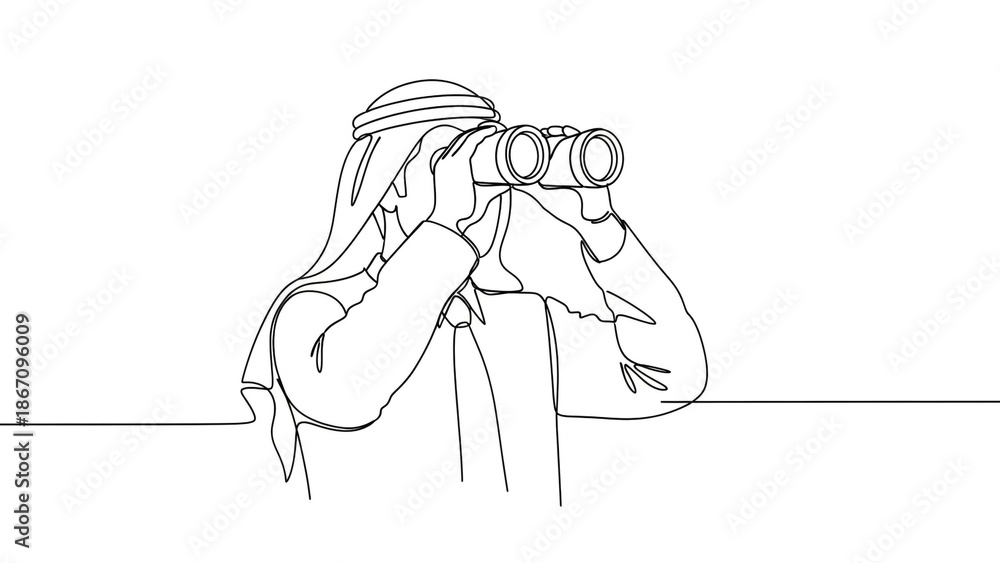 Fototapeta premium Woman looking through binoculars in minimalist line art style with white background for adventure