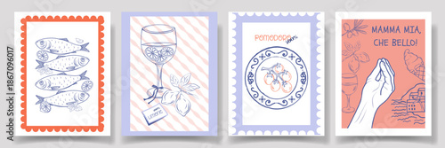 Vintage Hand drawn Italian posters set with stamp frames sardines, limoncello, tomato plate, expressive Italian hand gesture. Amalfi beach vacation bg. Mediterranean coastal frame of Italy. Blue coast