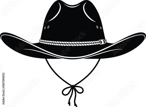Black cowboy hat vector illustration, western style headwear icon with rope detail, classic country sheriff stetson symbol isolated on a white