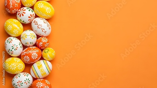 Vibrant Orange Easter Flat Lay: Patterned Eggs Border on Orange Background with Copy Space