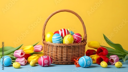 Cheerful Easter Basket: Colorful Patterned Eggs on Blue Wooden Table with Yellow Background and Copy Space