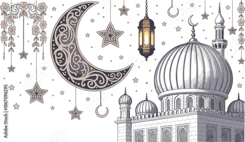 Gray and white mosque with domes and minaret under a crescent moon and stars with hanging lanterns and floral decorations