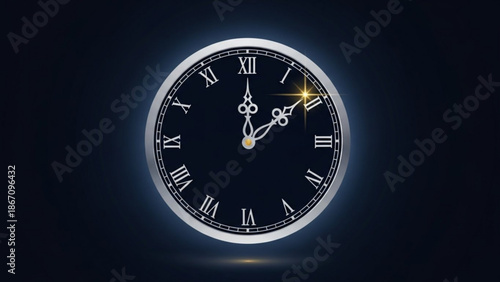 Glowing silver clock with roman numerals on dark background showing 4 48 with time and hour and minute and glowing effect and wall clock and hand