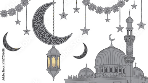 Gray mosque with domes and minaret decorated with hanging stars and crescent moons with intricate patterns