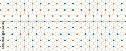 Hexagonal grid pattern with colored dots and lines on a white background