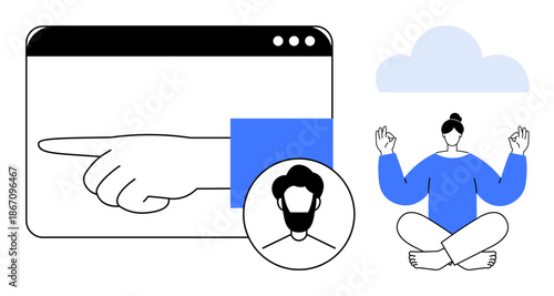 Online guidance, mindfulness, web interface, digital identity, relaxation, mental balance. A pointing hand in a browser window with a profile icon and a meditating woman. Online guidance