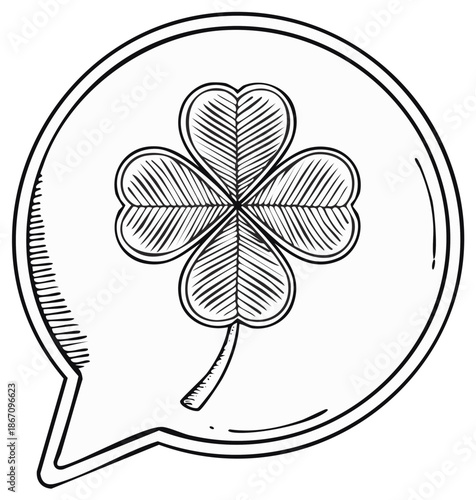 Hand drawn lucky four leaf clover inside a speech bubble. Black and white doodle style illustration of a good luck charm
