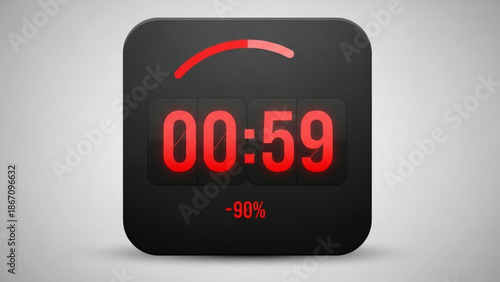 Digital countdown timer with red display showing 00 59 and 90 percent decrease on a gray background with interface and ui and ux and technology