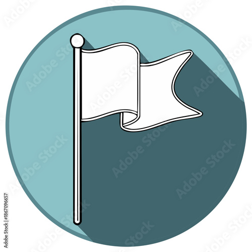 White flag on a pole with modern long shadow effect, flat design icon on teal background