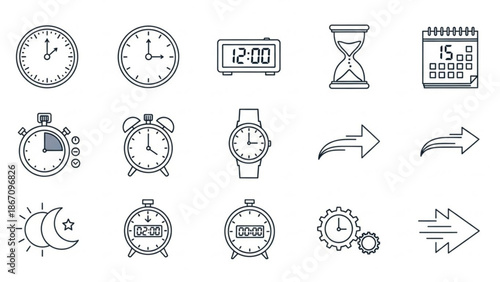 Collection of various time and schedule related icons including clocks watches timers calendars and hourglasses for business productivity and organization concepts