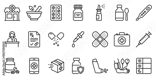 Pharmacy and medical line icons including pharmacist, pills, syrup, thermometer, and syringe in minimal outline style for healthcare and drugstore branding