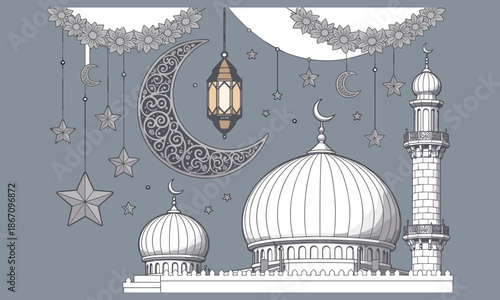 Mosque with domes and minaret under a starry sky with crescent moon and lantern