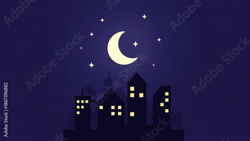 Nighttime cityscape with crescent moon and stars shining above dark buildings with lit windows with illustration and stylized and urban and landscape