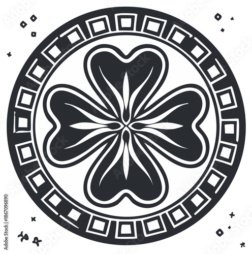 Stylized clover rosette icon in a round frame with geometric borders, minimalistic vector design