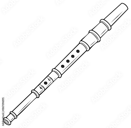 Outline of a wooden recorder musical instrument with finger holes and rings