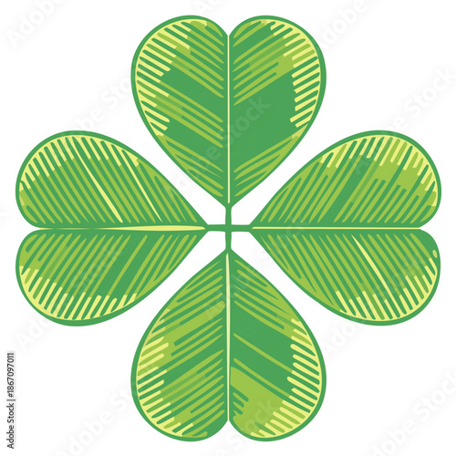 Hand-drawn green four-leaf clover graphic with hatching texture