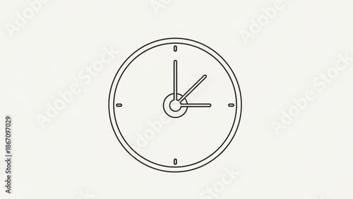 A simple line drawing of an analog clock on a plain background showing a specific time with hour and minute hands with minimalist and illustration