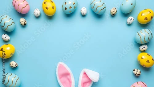 Pastel Easter Flat Lay with Bunny Ears, Patterned Eggs, and Central Copy Space on Blue Background