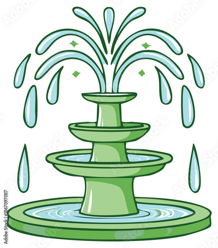 Whimsical Green Tiered Fountain Spouting Water and Sparkling Droplets