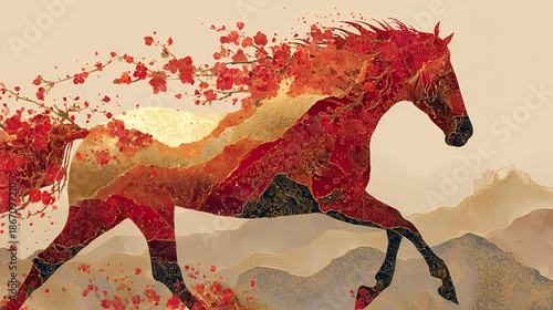 Majestic Golden Horse Running Illustration for 2026 Chinese New Year Zodiac Art