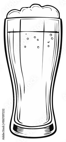 A crisp pilsner glass brimming with frothy beer and effervescent bubbles, rendered in a simple line art illustration.