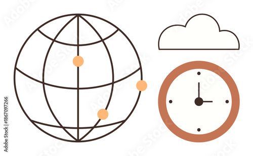 Global connectivity, time management, cloud computing, communication, digital networks, technology. Globe with latitude lines, clock and cloud outline. Global connectivity and time management