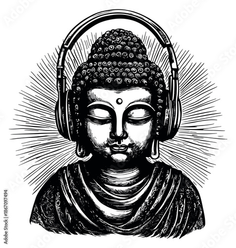 Line art illustration of Buddha depicting him wearing headphones for modern spirituality and relaxation