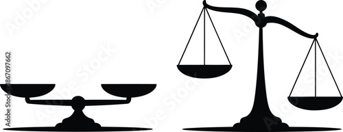 Two distinct black silhouettes of antique balance scales representing justice and fairness