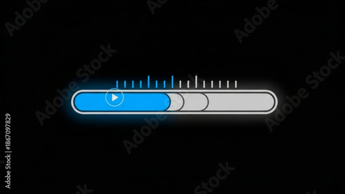Loading bar with play button on black background for video or music buffering with streaming and media and technology and interface and digital