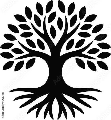 Timeless black Tree of Life symbol with spreading roots and leafy branches on white background