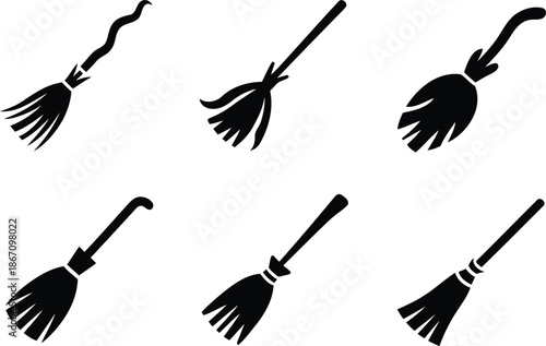 Various stylized black witch brooms for spooky season celebrations and holiday party invitations