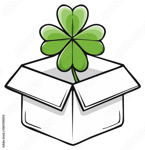 Green four leaf clover emerges from an open cardboard box illustration