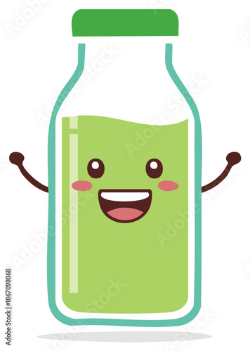 Adorable cartoon green juice bottle mascot with a happy smiling kawaii face