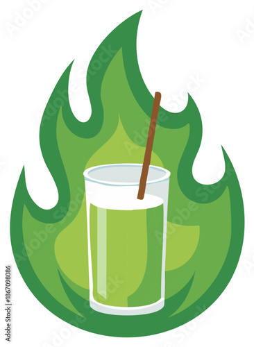 Potent green smoothie with a fiery flame symbol representing a metabolism boosting diet drink