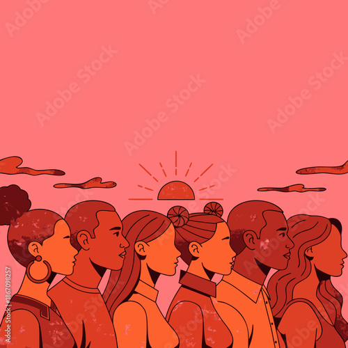 Diverse group of people standing together in profile against a sunset backdrop, symbolizing unity and hope