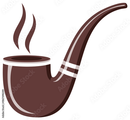 Brown smoking pipe with white stripes and wisps of smoke rising