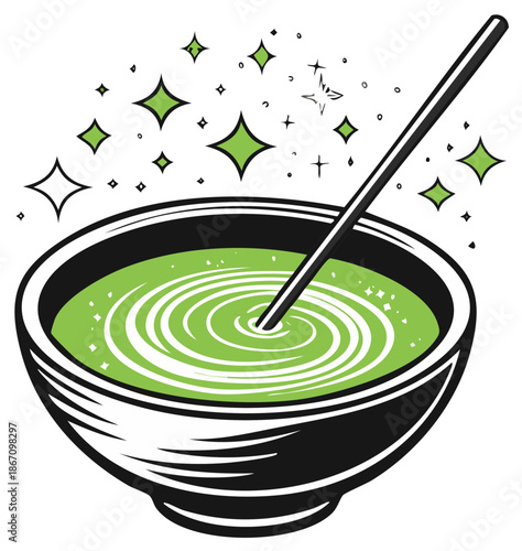 Matcha tea bowl with a swirl and stirrer, magic sparkles around it