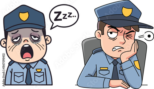 Two police officers in blue uniforms with yellow badges one yawning and one sleeping at work