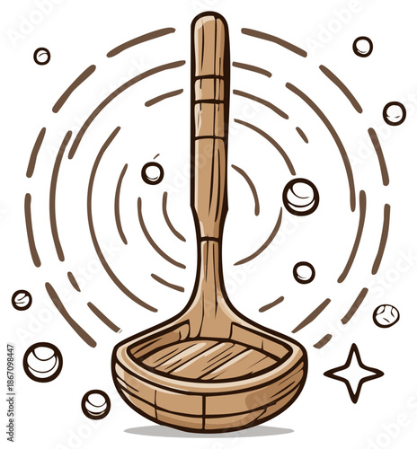Traditional wooden ladle dipper with steam ripples and bubbles in a stylized cartoon illustration spa concept