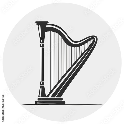 Elegant stylized harp musical instrument icon vector graphic black white illustration