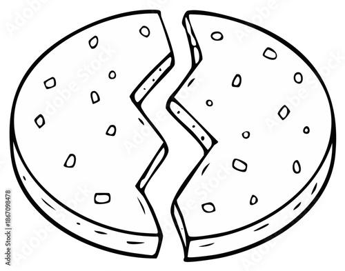 Black and white cartoon drawing of a round cookie split into two jagged halves
