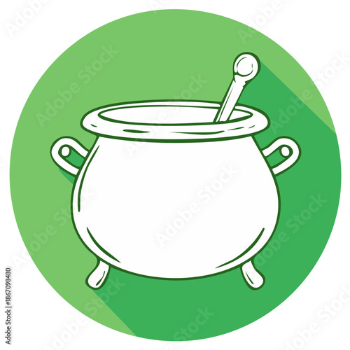 Witch cauldron with stirring ladle flat design icon illustration on green background