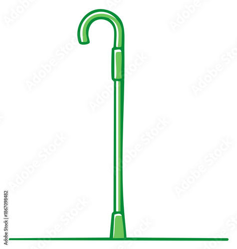 Green curved handle walking stick with a simple graphic illustration style