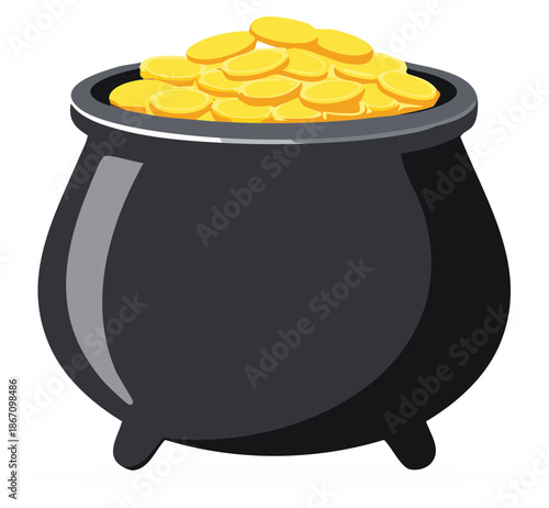 A black cauldron pot filled with gold coins for Saint Patricks Day