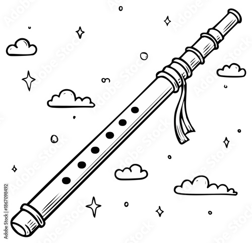 Stylized Flute with Clouds and Stars Illustration: A musical instrument in black and white line art floating with celestial elements